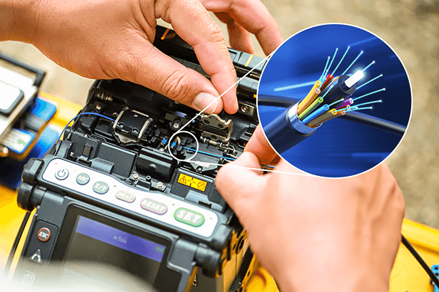 Fiber optic cable fusion splicing close-up